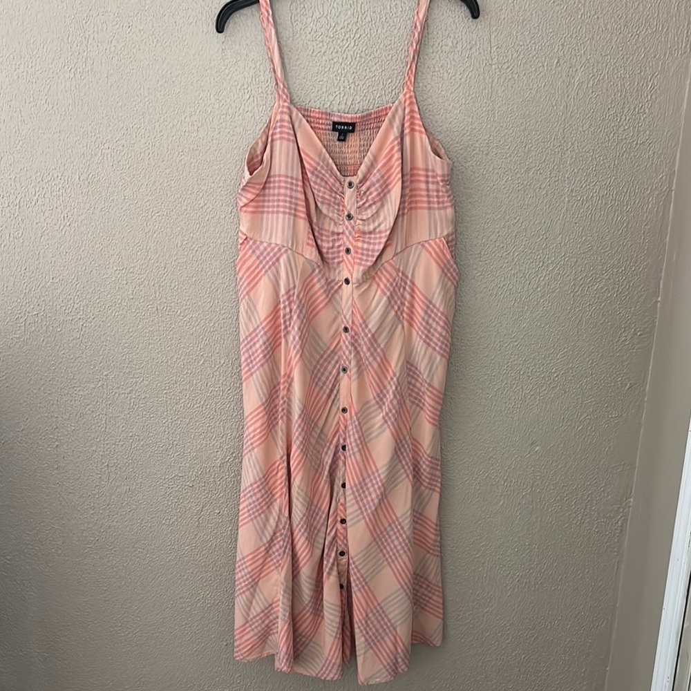 Torrid Womens Plus Plaid Challis Button Front Midi Dress, Pink Peach, Size 1/1X